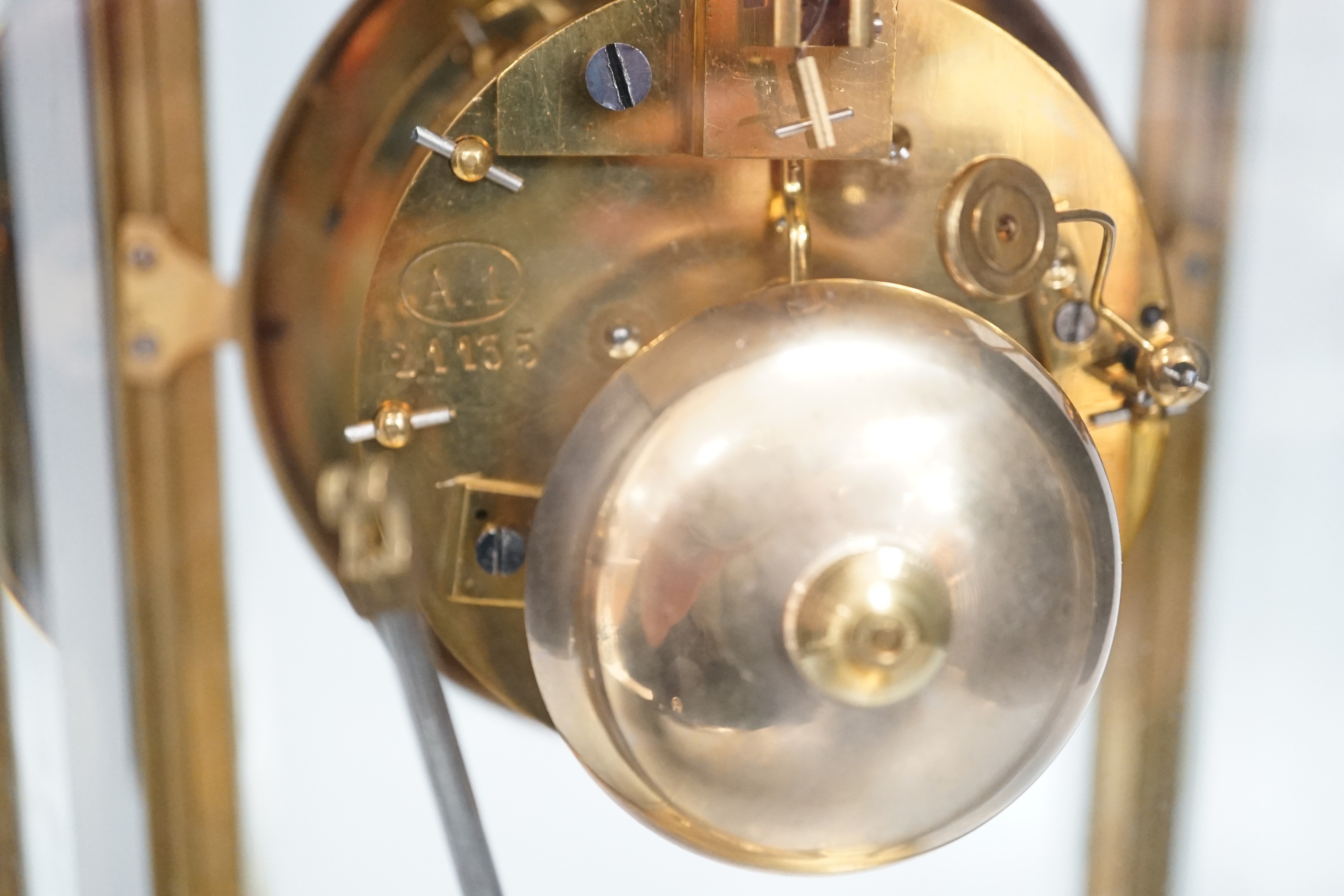 A late 19th century French four glass mantel clock with S.Marti movement, mercury pendulum & key. 30cm
